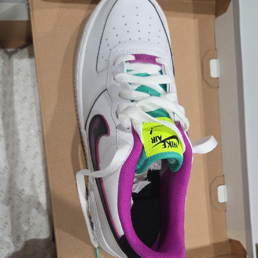 Nike Kids' White and Purple Sneakers with Neon Accents